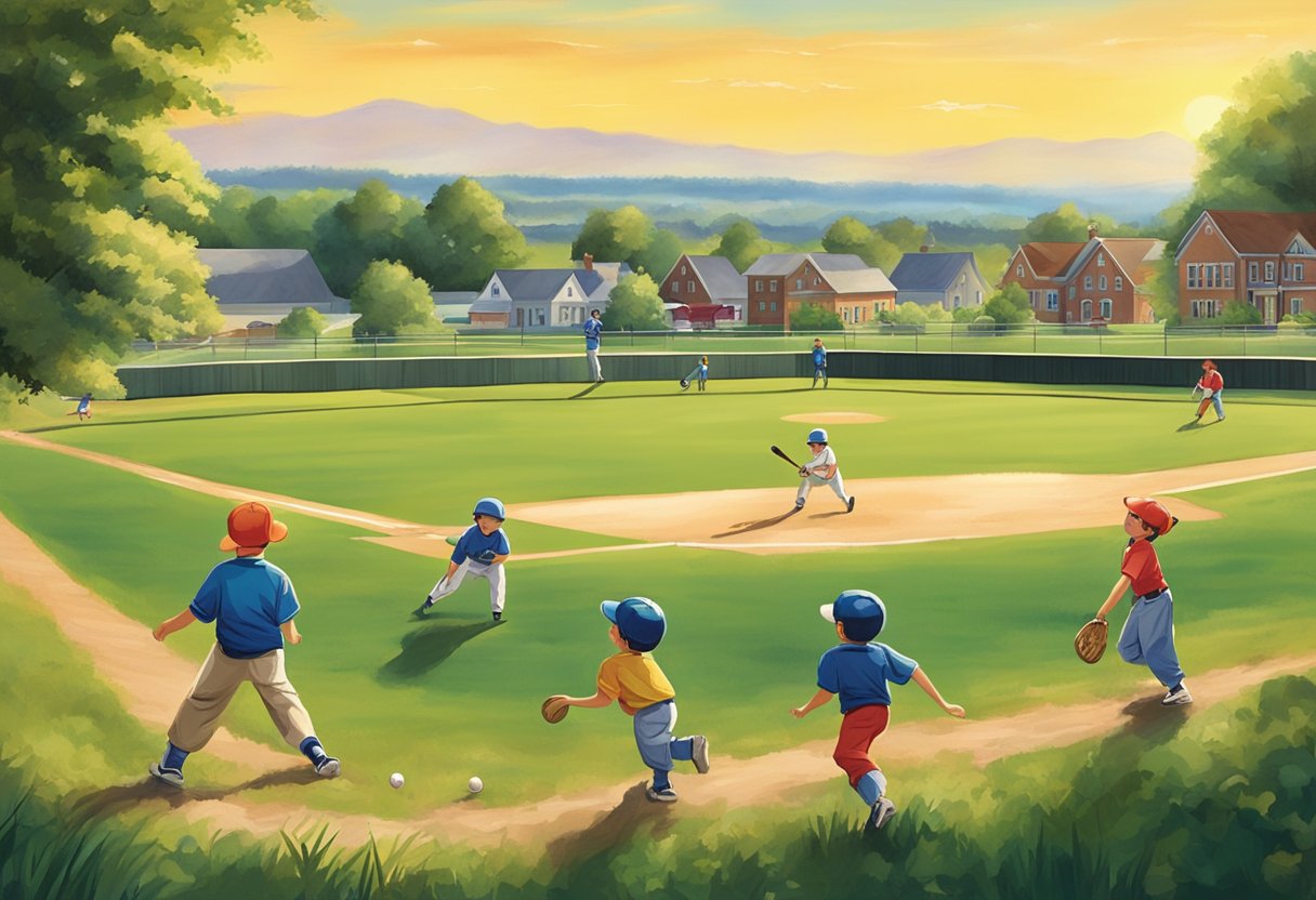 Children playing baseball on a sunny field, with a backdrop of the Geneva, Ohio landscape