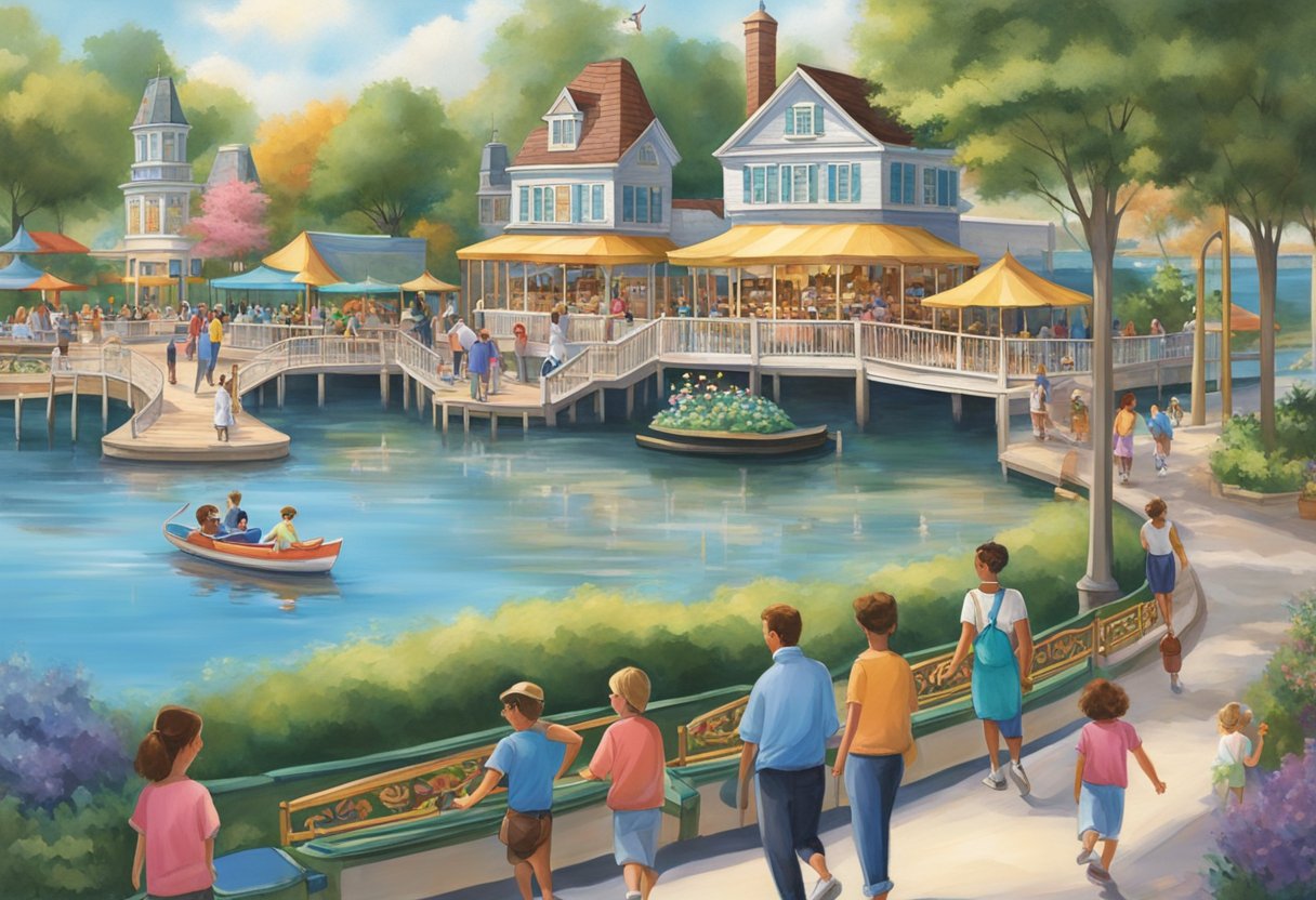 Visitors stroll along the lakefront, passing charming shops and restaurants. A carousel spins joyfully, while families enjoy mini-golf and paddleboat rides on the tranquil waters