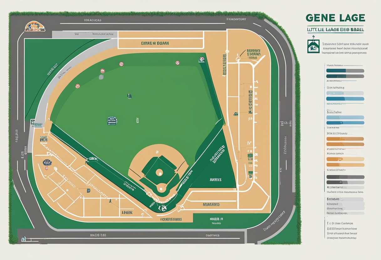The Geneva Ohio Little League Baseball field is divided into sections for different age groups, with clear signage indicating the league structure and divisions