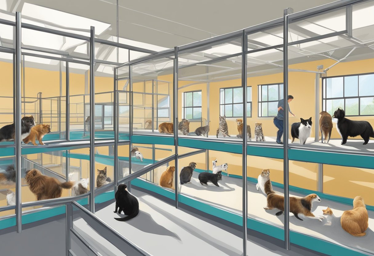 Animals playfully interact in spacious, clean enclosures at the Geneva Ohio Animal Shelter. Bright, natural light filters in through large windows, creating a warm and inviting atmosphere