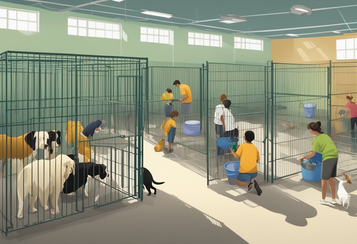 Animals waiting in clean, spacious kennels. Volunteers busy with feeding, cleaning, and playing with the animals. A sign with "Frequently Asked Questions" displayed prominently