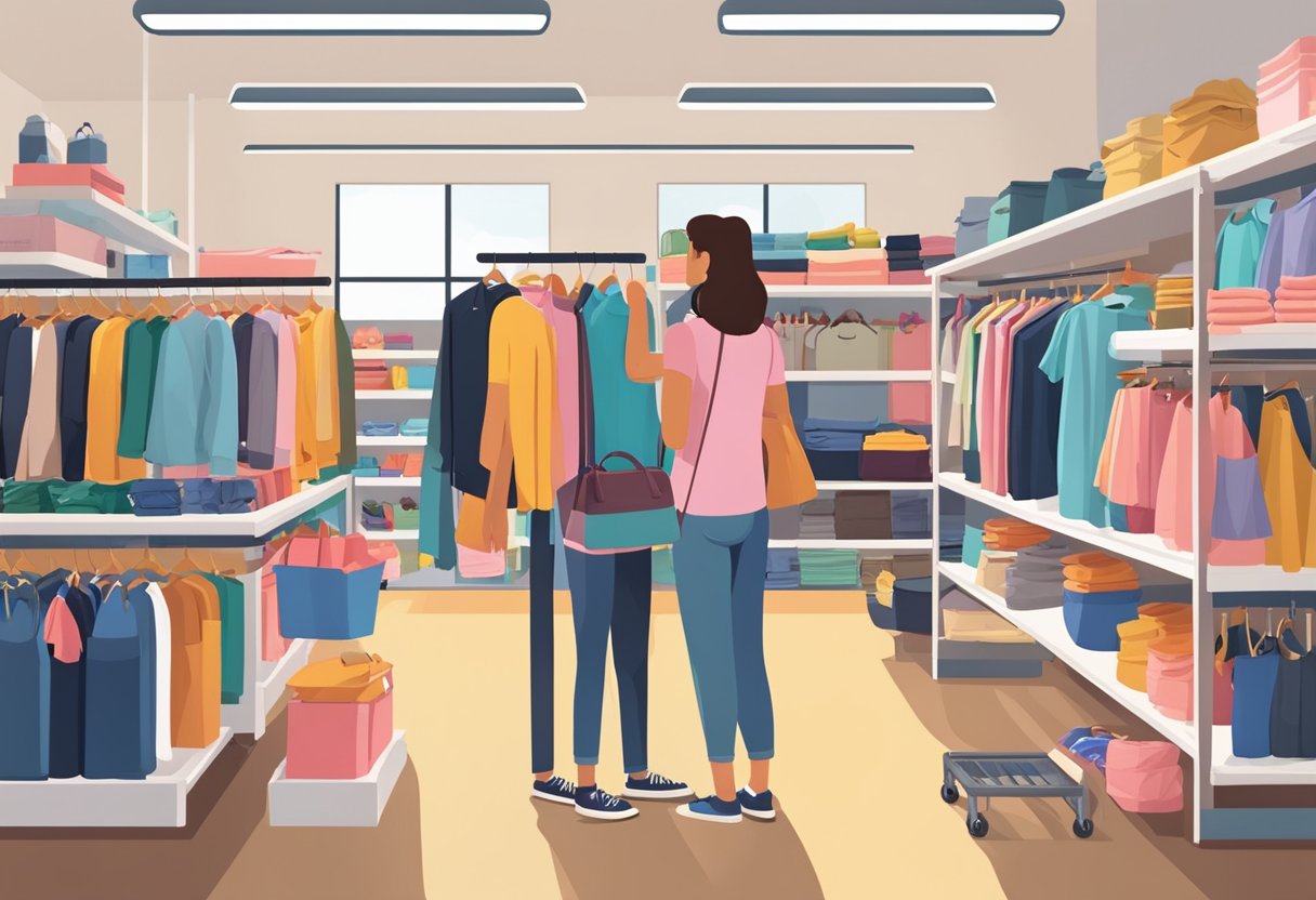 Customers browse through racks of clothing, shelves of household items, and bins of accessories. The store is spacious and well-lit, with colorful displays and friendly staff