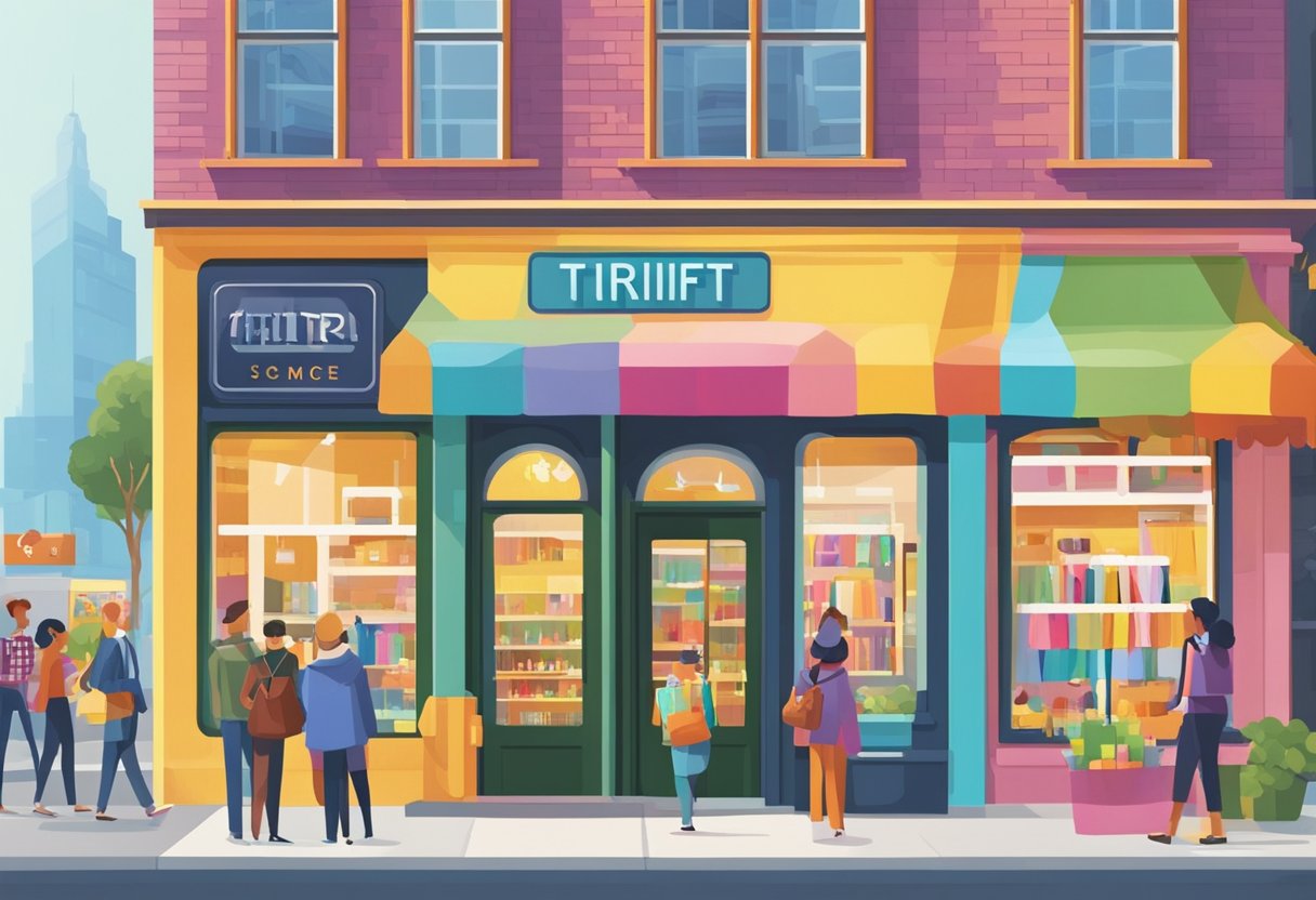 A colorful thrift store sign stands out against a bustling street, with customers entering and exiting the store. The online presence is highlighted through a prominent website displayed on a nearby digital screen