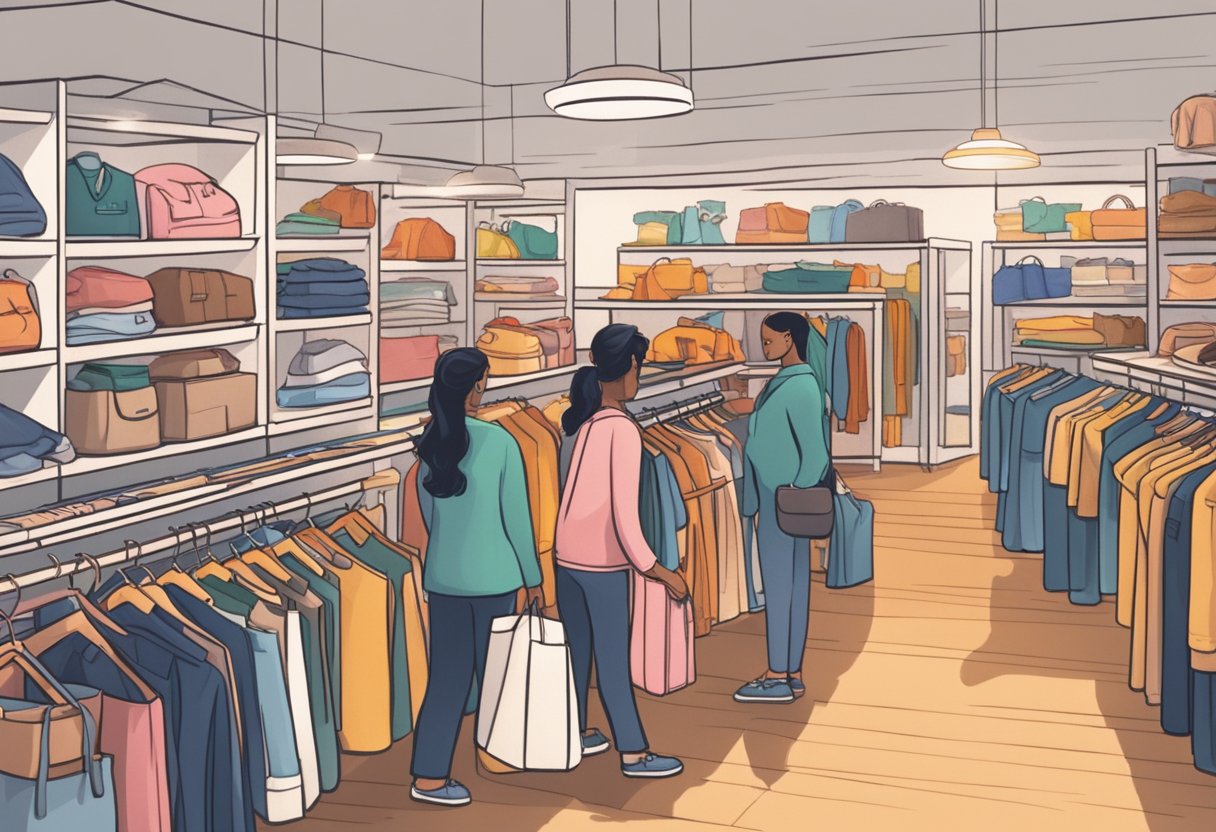 Shoppers browse neatly organized racks of clothing and shelves of household items. Bright lighting and friendly staff create a welcoming atmosphere