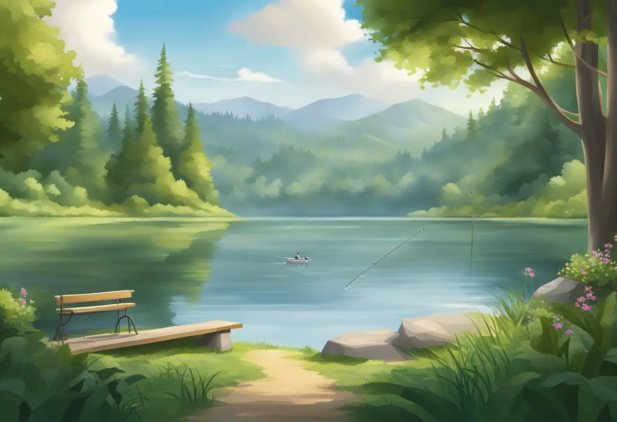 A serene lakeside with fishing rods and calm waters, surrounded by lush greenery and a peaceful atmosphere