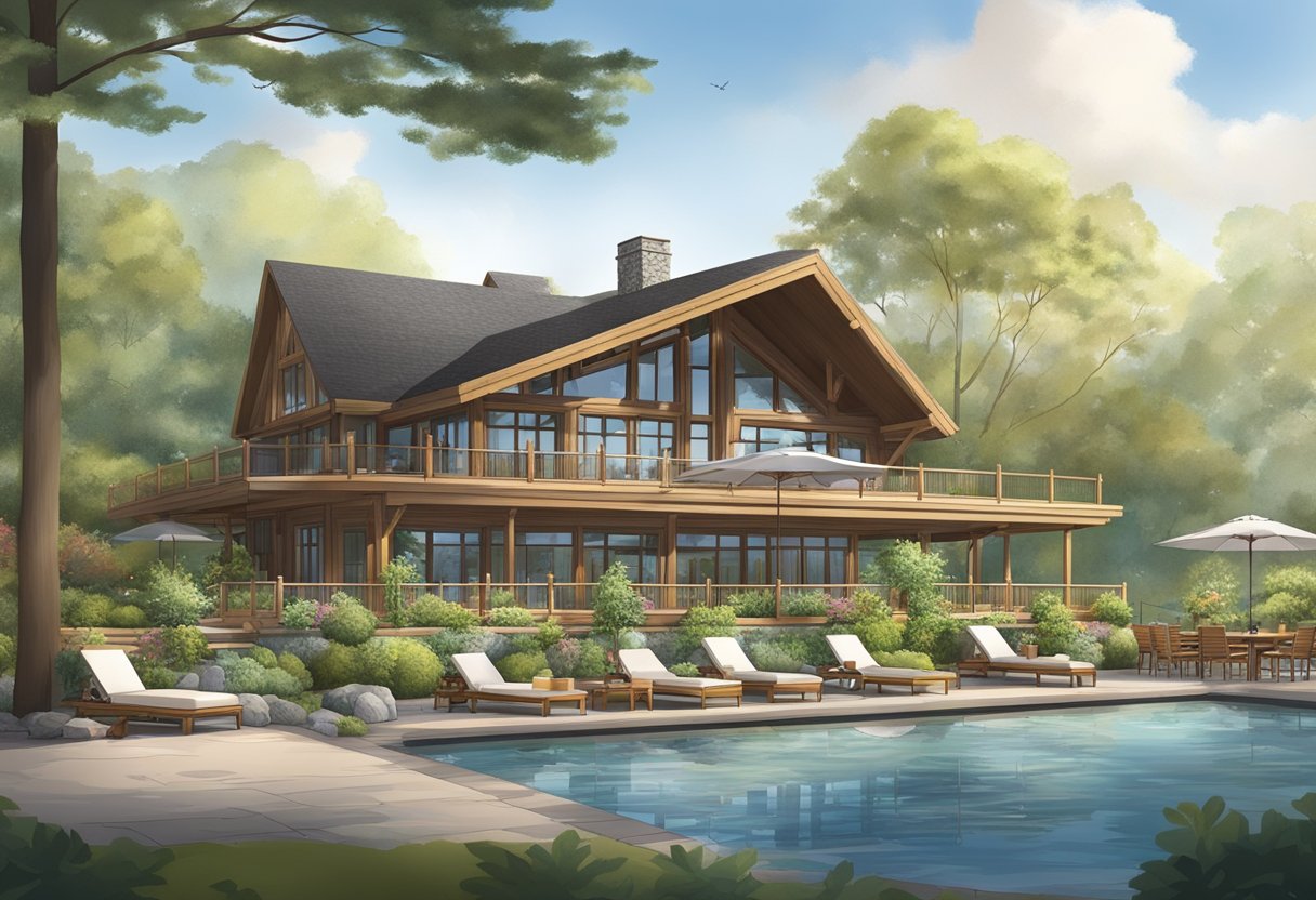 The scene shows a tranquil lakeside lodge with lush greenery, a sparkling swimming pool, and a cozy outdoor seating area. The lodge offers various amenities and services, including a spa, fitness center, and waterfront dining options