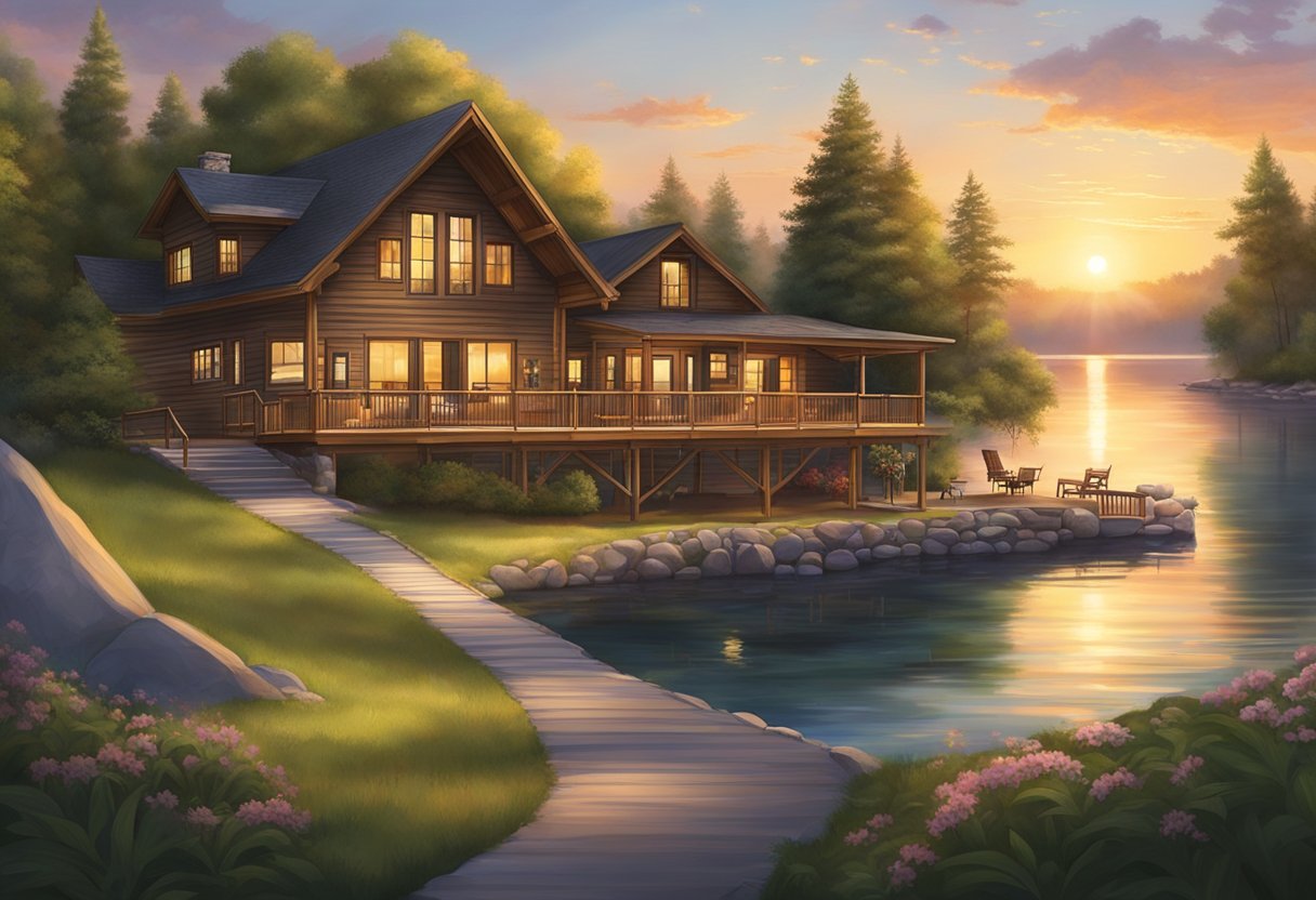 The sun sets over the tranquil Edgewater Lodge on the shores of Geneva On The Lake, with its cozy cabins and lush greenery