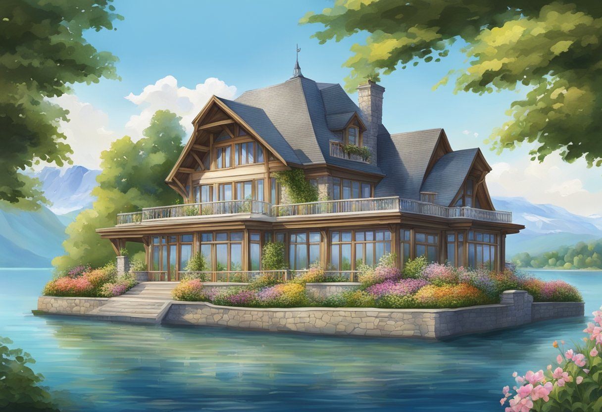 A serene lakeside lodge with a grand facade, surrounded by lush greenery and colorful flowers, with a backdrop of the tranquil waters of Lake Geneva