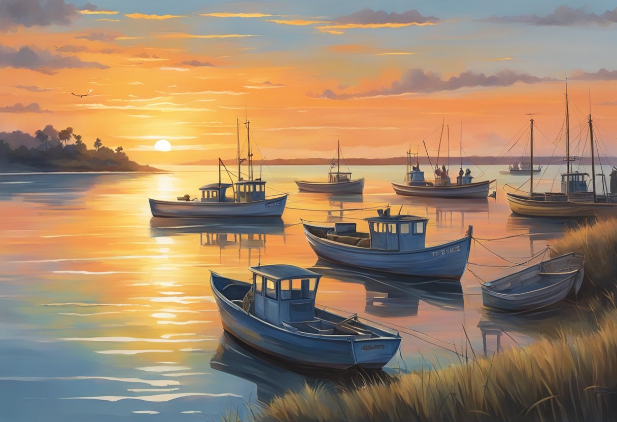 The sun sets over calm waters, reflecting the vibrant colors of the sky. Fishing boats dot the horizon, as the shoreline bustles with eager anglers