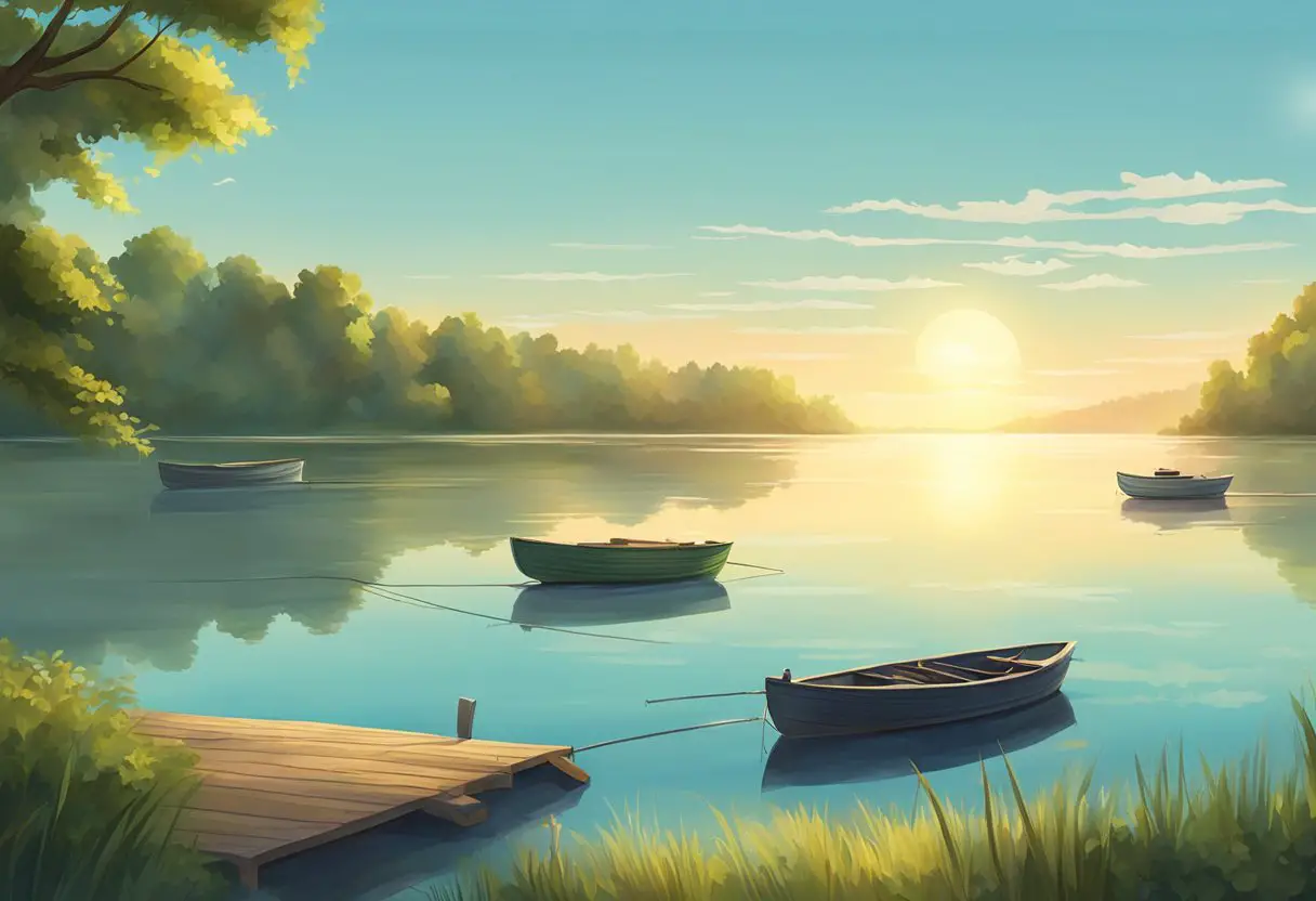 A serene lake with lush greenery, calm waters, and a clear blue sky. A few fishing boats dot the horizon, and the sun casts a warm glow over the scene