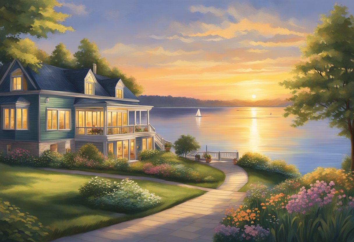 The sun sets over Lake Erie, casting a golden glow on the Geneva-On-The-Lake Lakeview Resorts. The charming cottages and lush greenery create a picturesque scene against the tranquil waters