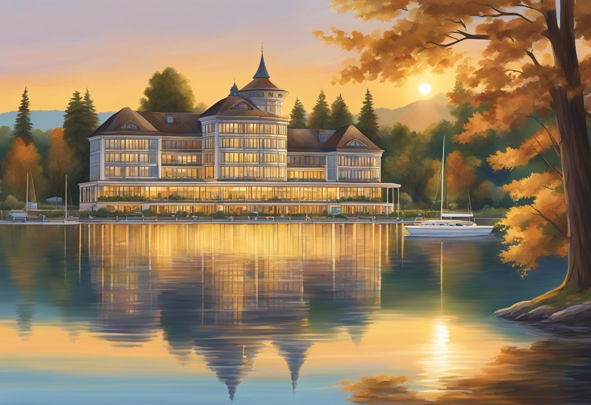 The sun sets behind the sprawling Lakeview Resorts, casting a golden glow over the tranquil waters of Geneva On The Lake. Tall trees line the shore, their leaves rustling in the gentle breeze