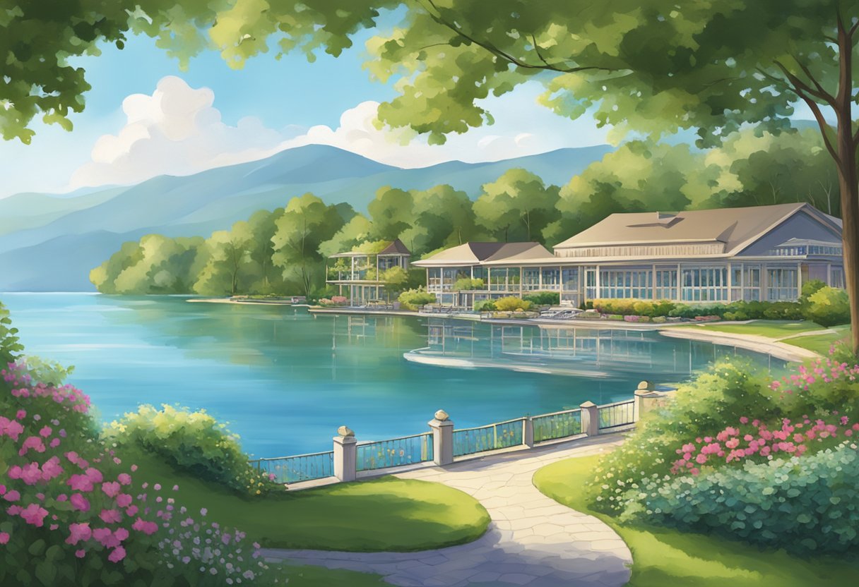 A serene lake surrounded by lush greenery, with a charming resort nestled on the shore. A sign reading "Frequently Asked Questions Lakeview Resorts Geneva On The Lake" stands near the entrance