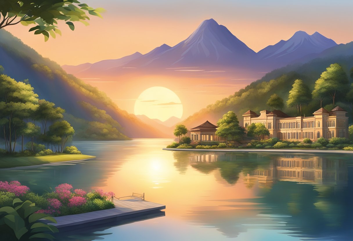 A serene lake surrounded by lush greenery, with a grand resort overlooking the water. The sun sets behind the mountains, casting a warm glow over the scene