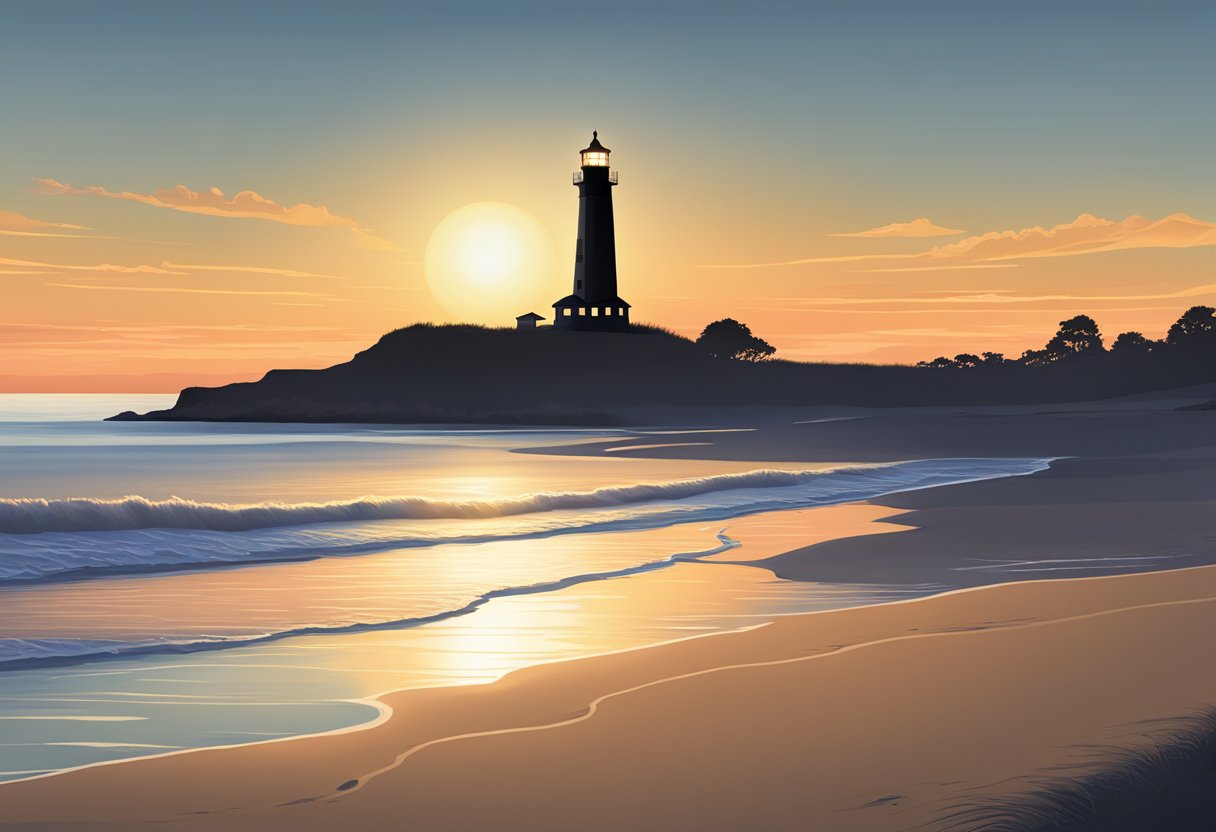 The sun sets over the tranquil waters of Headlands Beach State Park, casting a warm glow on the sandy shore and the distant silhouette of the lighthouse