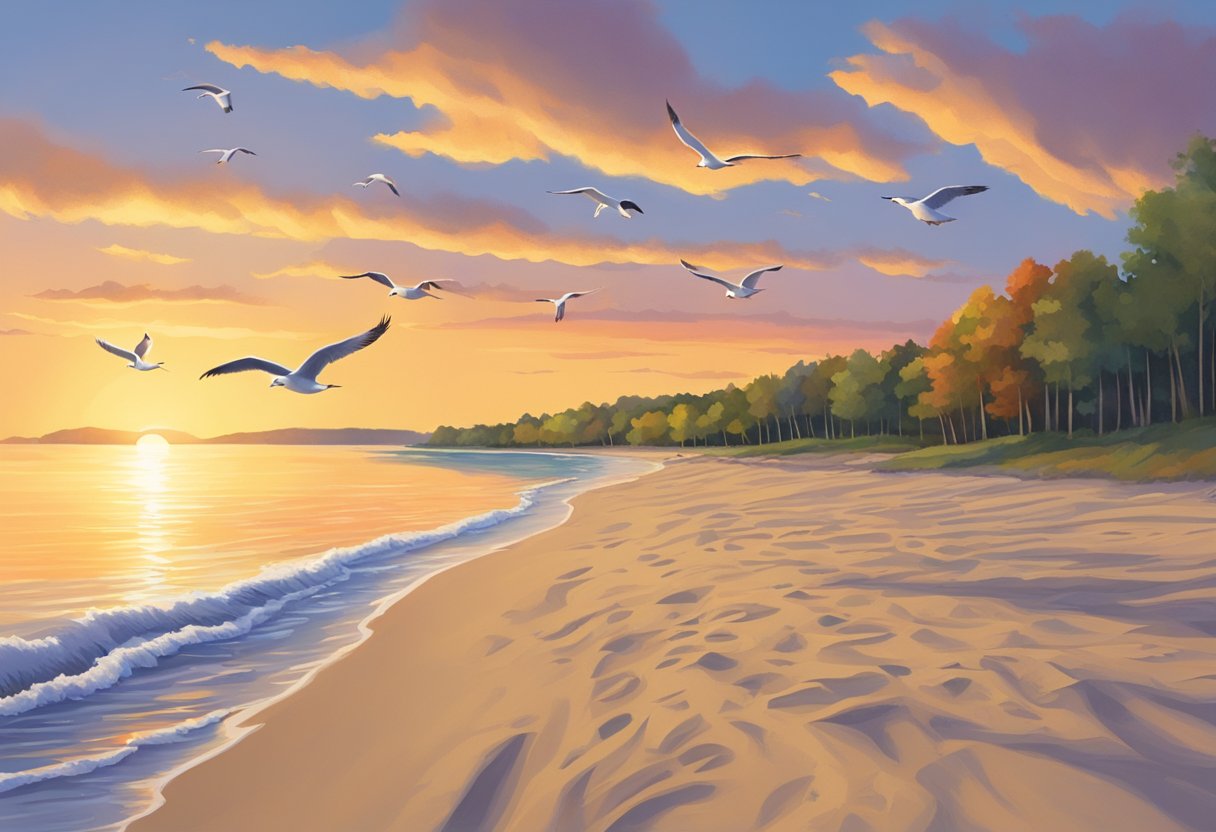 The sun sets over Geneva State Park Beach, casting a warm glow on the sandy shore and calm waters. Seagulls soar overhead as waves gently lap the shore