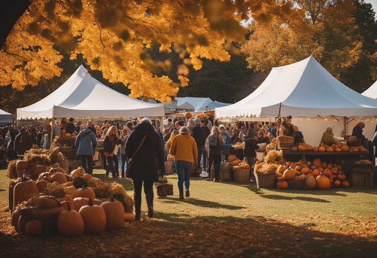 Vibrant autumn foliage surrounds a bustling festival with vendors, live music, and traditional activities like apple picking and pumpkin carving