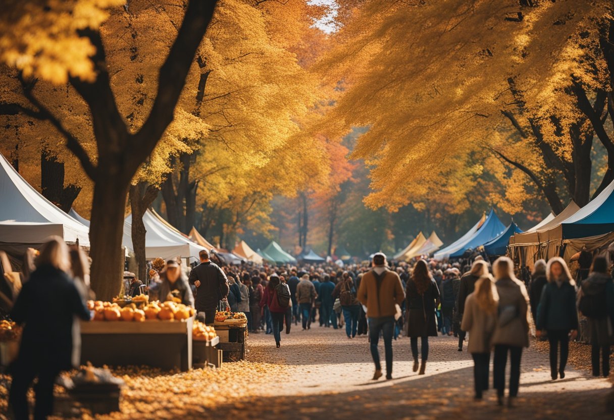 Vibrant autumn foliage surrounds a bustling festival with vendors, live music, and traditional activities, creating a lively and colorful atmosphere