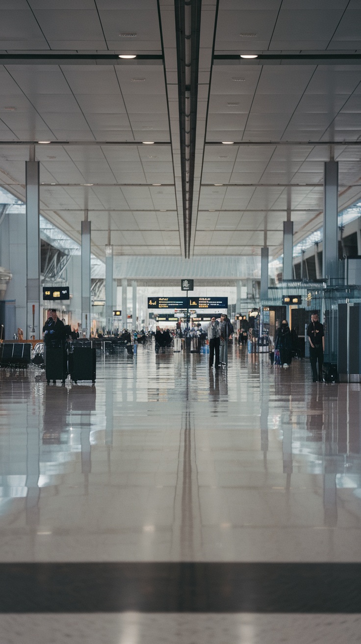 An empty airport terminal with travelers walking in different directions.