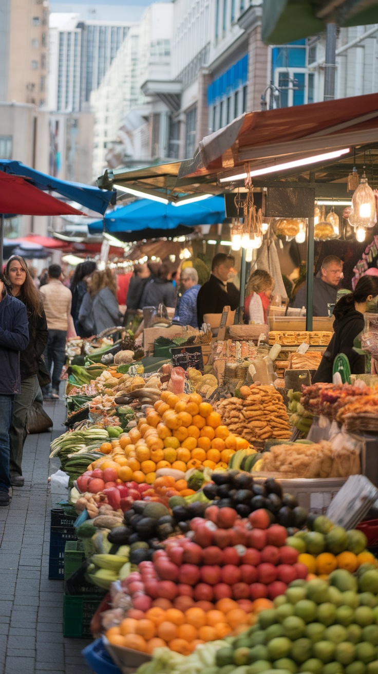 A bustling street market filled with vibrant fruits and various food vendors, showcasing a lively shopping atmosphere.