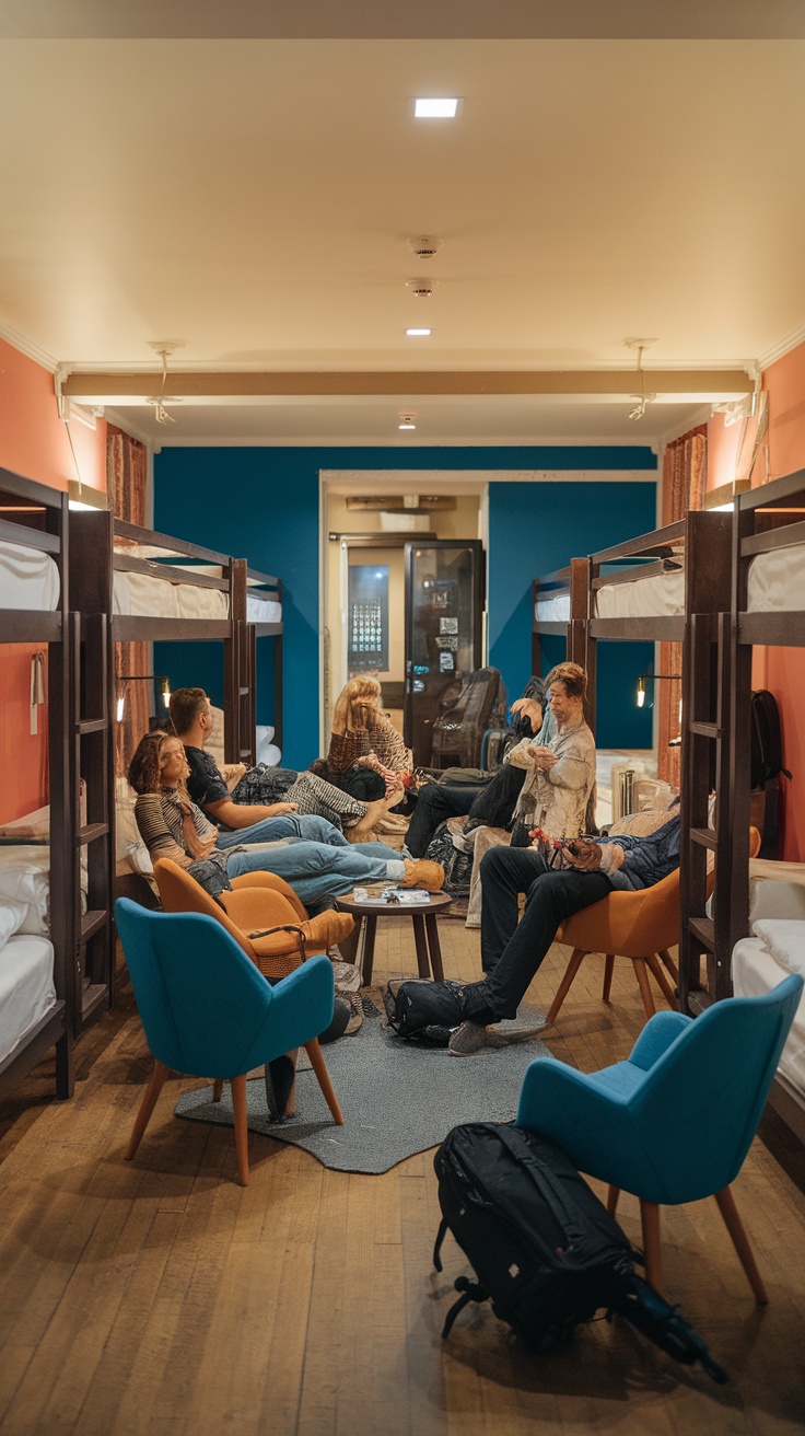 A group of travelers relaxing in a cozy hostel room with bunk beds.