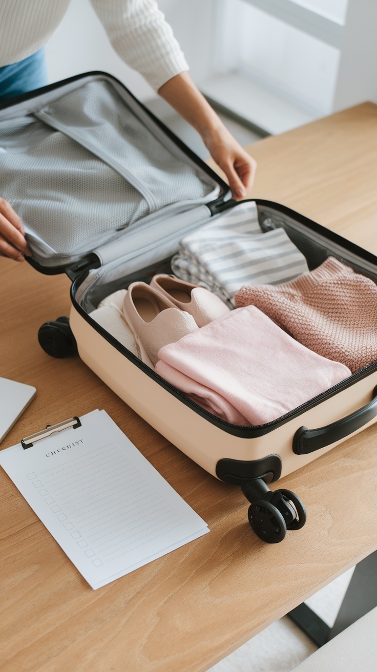 A neatly packed suitcase with clothes and shoes on a table next to a checklist.