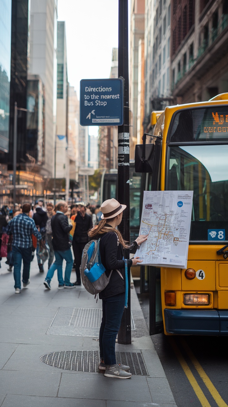 Person checking a map at a bus stop in a busy city